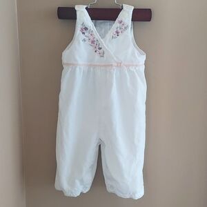Baby Light weight overall with snap bottoms - white floral embroidery - 3/6 mos